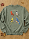 Sage green crewneck sweatshirt with The Porch Regulars bird print