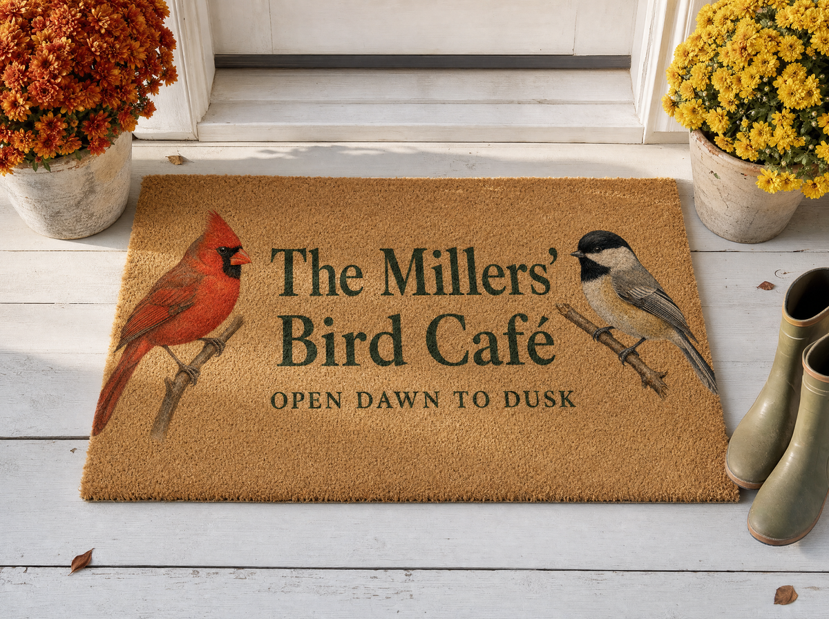 Personalized Bird Café doormat on a porch with mums