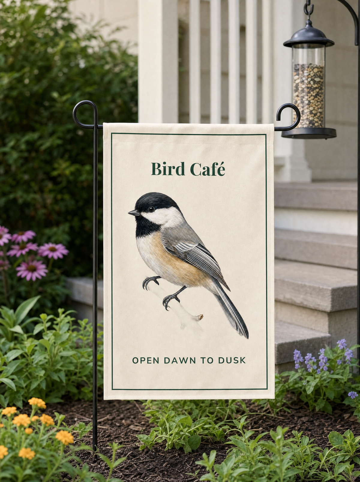 Bird Café Garden Flag – Open Dawn to Dusk – The Bird Porch