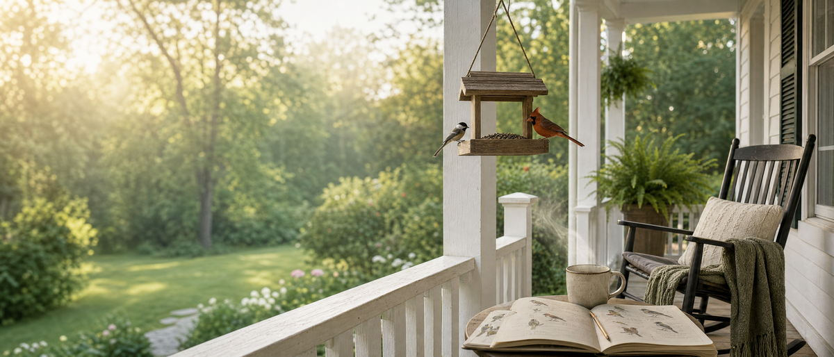 Morning porch with bird feeder, cardinal and chickadee